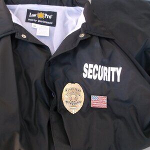 Security Bundle – Unisex 2X Black Jacket + Plastic Badge + USA Flag pin